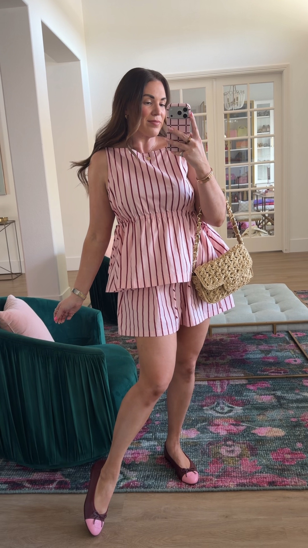 curvy midsize pink and burgundy stripe set for spring! in the US 10 (xl) in top and bottom, but could have taken the US 8 (large). ballet flats are Chanel! 💕🍷

#LTKMidsize #LTKSeasonal