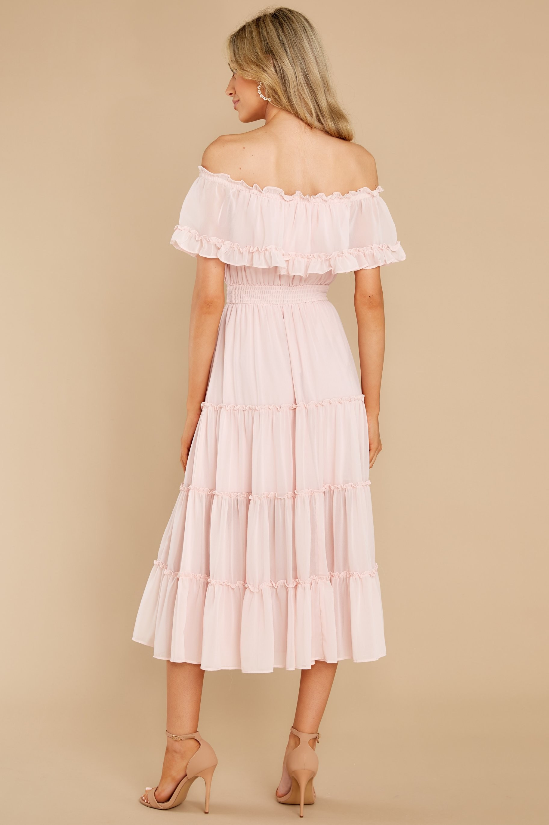 As She Goes Blush Off The Shoulder Midi Dress | Red Dress 