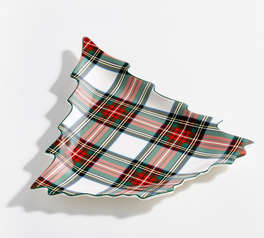 Stewart Plaid Holiday Tree Shaped Stoneware Serving Platter | Pottery Barn (US)