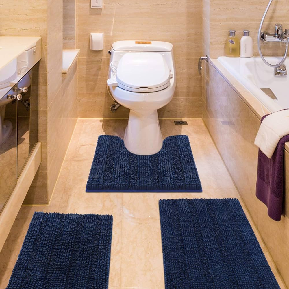Striped Navy Blue Bathroom Rug Set 3 Pieces Ultra Soft, Non Slip Chenille Toilet Mat, Absorbent P... | Amazon (US)