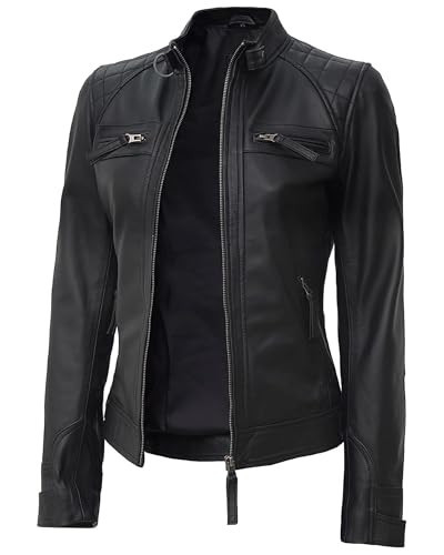 fjackets Real Leather Jackets For Women - Cafe Racer Slim Fit Black Dressy Leather Jacket Women | [1313744] Diamond1 Black, L | Amazon (US)
