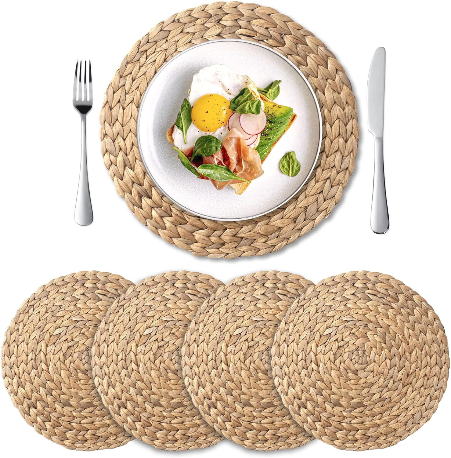 Round Woven Placemats Set of 4, Natural Water Hyacinth Place Mats, Boho Wicker Placemats, Table M... | Amazon (US)