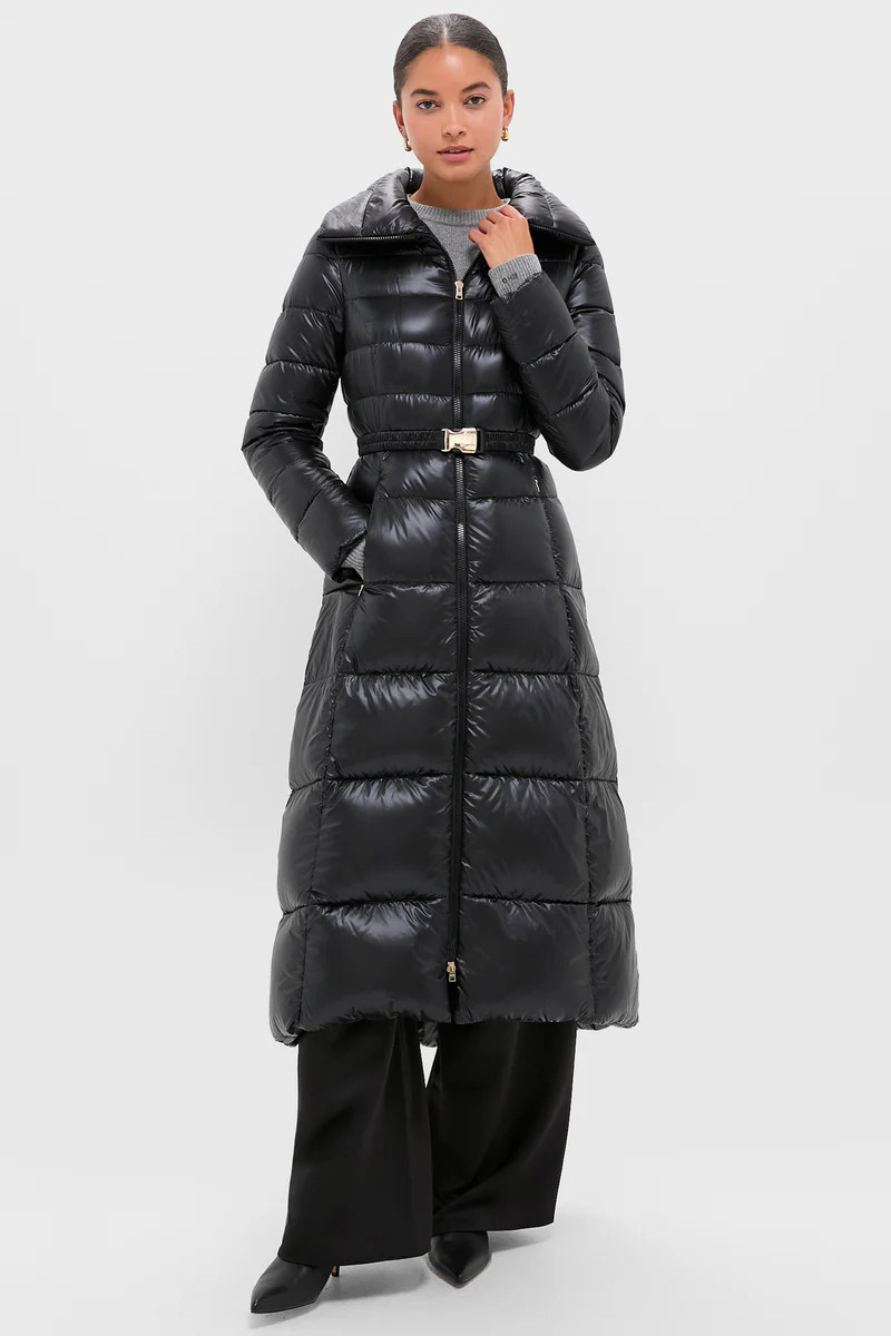 Black Nylon Ultralight Quilted Maxi Coat with Elastic Belt | Tuckernuck (US)