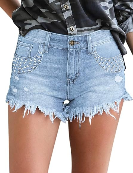 luvamia Women's Casual Denim Shorts Frayed Raw Hem Ripped Jeans Shorts | Amazon (US)