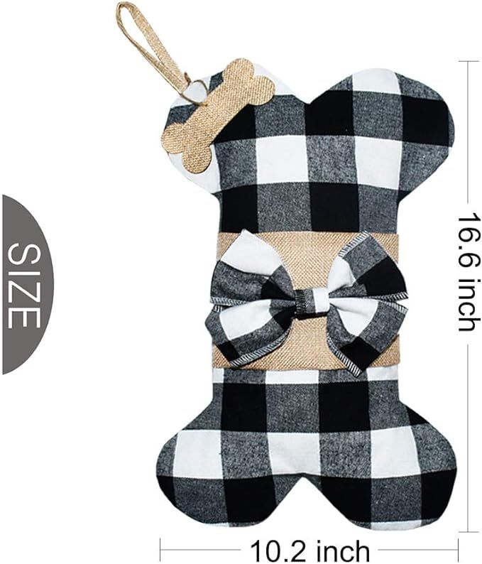Senneny 2 Pack Pet Dog Christmas Stockings Buffalo Black White Plaid Burlap Large Bone Shape Hang... | Amazon (US)