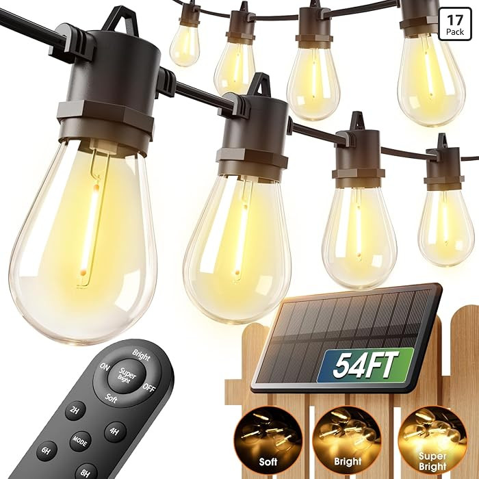 addlon 54FT(48+6) Solar String Lights Outdoor Waterproof with USB Charging & Remote Control - Dim... | Amazon (US)
