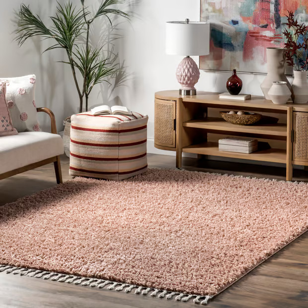 Blush Dream Solid Shag with Tassels 9' x 12' Area Rug | Rugs USA