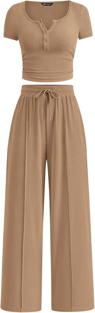 PRETTYGARDEN 2 Piece Outfit Ribbed Crop Top Wide Leg Pants Set     Matching Lounge Sets Clothing,... | Amazon (US)