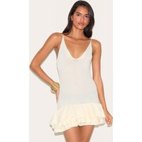 Cream Knitted Frill Hem Strappy Mini Dress | PrettyLittleThing US
