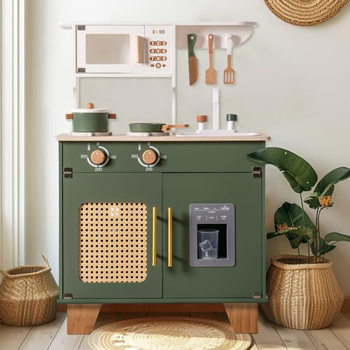 ROBOTIME Play Kitchen with Pretend Ice Cube Dispenser for Toddler, Wooden Kids Kitchen Play Set, Toy Kitchen Set for Kids Age 3 4 5 6 7 (Vintage Green) | Amazon (US)