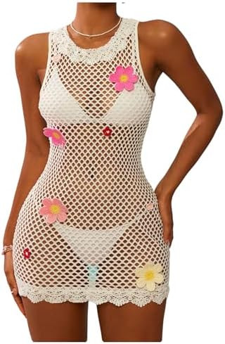 Milumia Women 3D Floral Hollow Out Cover Up Mini Dress See Through Crochet Tank Dresses Beach Swi... | Amazon (US)