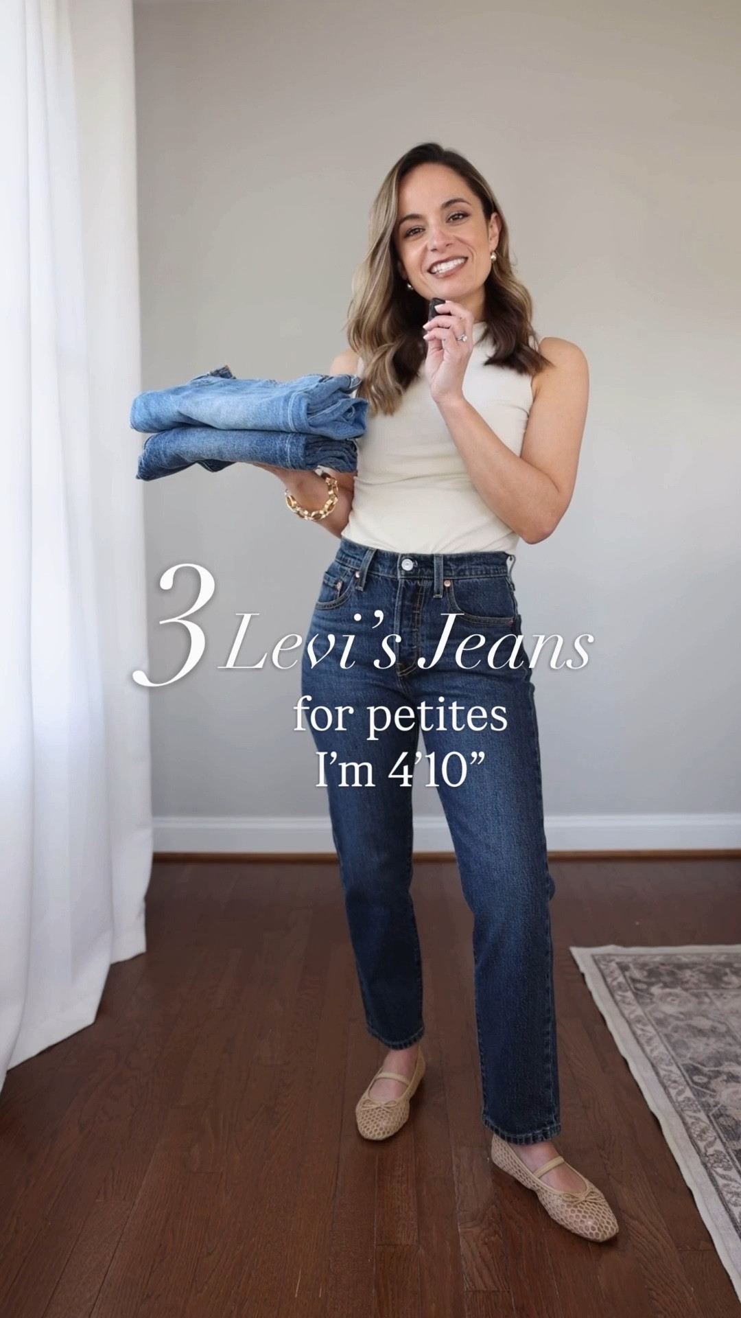 A few more Levi’s jeans that have worked well for me (overall, the ribcage rise is a little too high for me). 

501 cropped: 24 x 26” in apply now wash | true to size | 10.5” rise (I misspoke in the video) | 99% cotton, low stretch 
501 90’s ankle: 23 x 27” in sleep hours wash | runs large, loosens with wear | 9.5” rise | lightweight style 
Ribcage ankle: 25 x 27” in on my honor wash | runs small | 12” rise | 99% cotton, low stretch 

Top (WHBM): xxs in pumice 
Shoes (J.Crew Factory): true to size 

My measurements for reference: I’m 4’10” and 105lbs. My bust, waist, and hip measurement is 32”, 24”, and 36”.

#LTKPetite