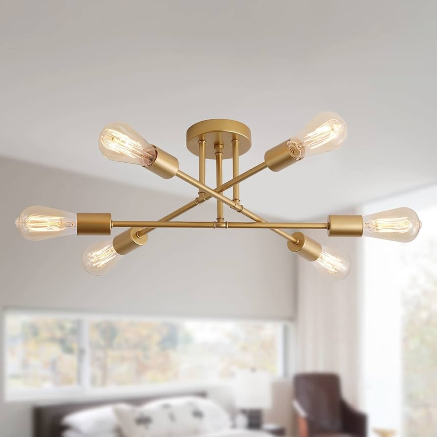 Gold Modern Sputnik Chandelier Ceiling Light Fixtures,6-Lights Industrial Metal Semi Flush Mount ... | Amazon (US)