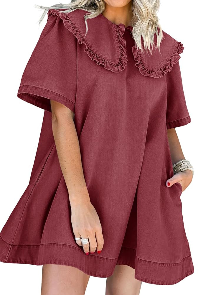 Wenrine Womens Summer Denim Mini Dress Oversized Peter Pan Collar Short Sleeve Casual Flowy Babyd... | Amazon (US)