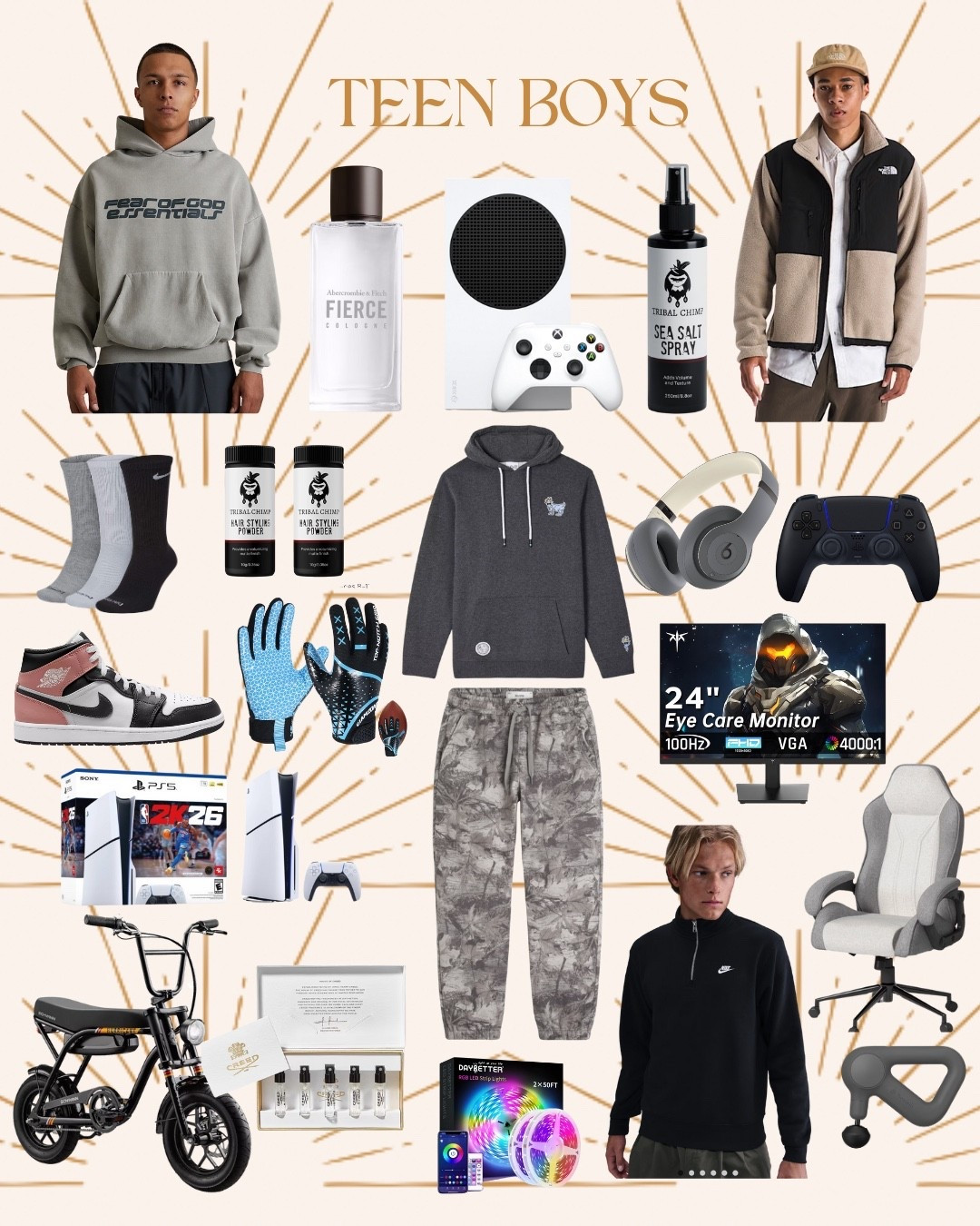 Teen boy gift guide! My 13 year old wants all the gaming & sports gear, Nike, Hollister & some hair products. He has Beats headphones and uses them daily. So many things on sale! Happy shopping! 

Teen boy gift guide, gifts for teen boys, hair products for teens, gaming accessories for teens, sweats for teen boys

#essentialsfearofgod #nike #tribalchimp #hollister #xbox #gaming #footballgift #ps5 #giftguide #teengift#LTKCyberWeek

#LTKSaleAlert #LTKGiftGuide