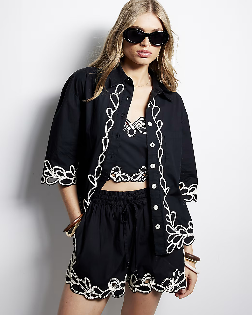 Black Boxy Embroidered Shirt | River Island UK & IE