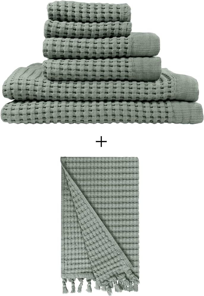GILDEN TREE Waffle Bath Towel Set + Tassel Hand Towel (Sage Grey) Bundle | Amazon (US)