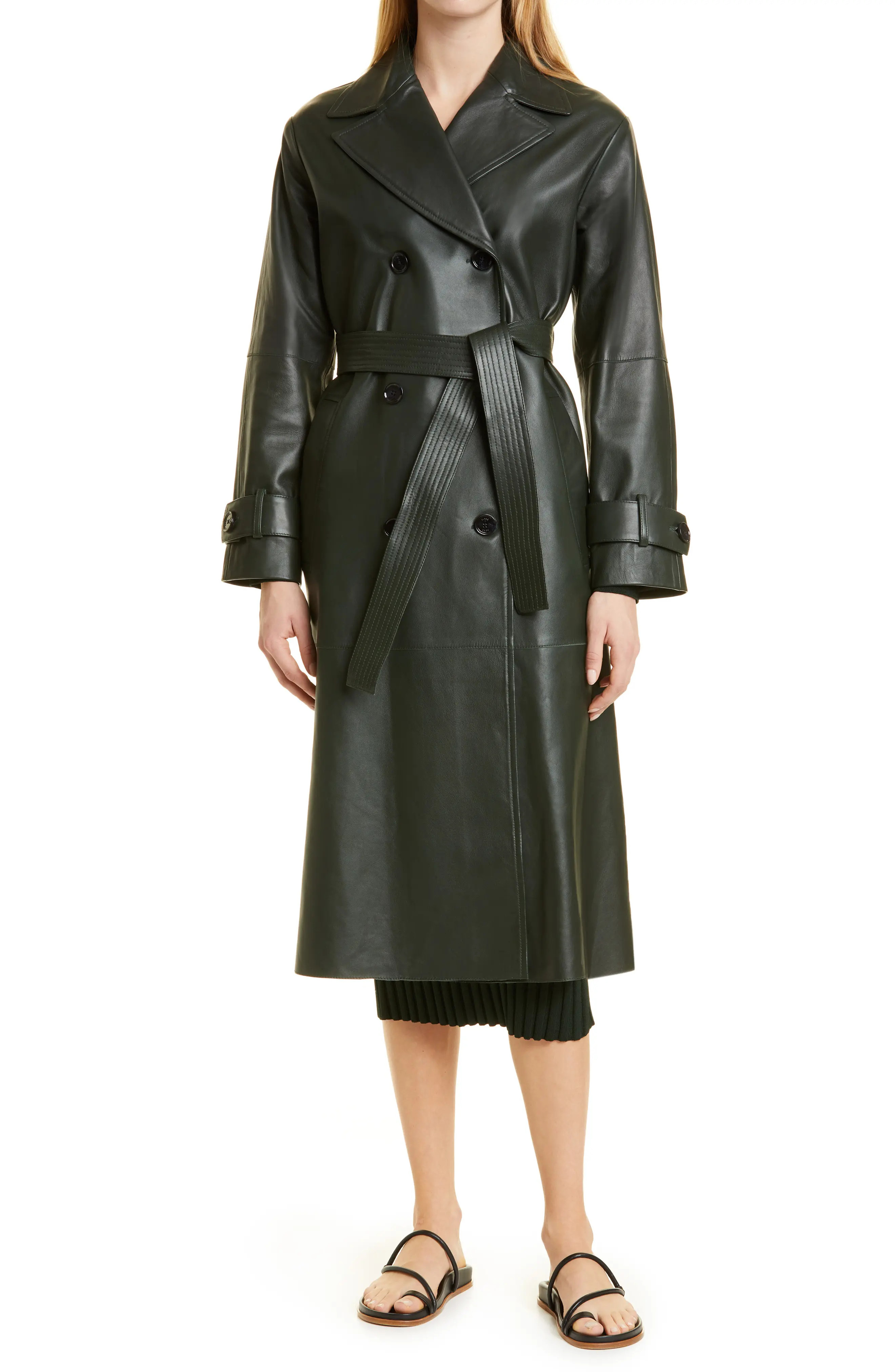 BOSS Solasa Leather Trench Coat in Open Grn at Nordstrom, Size 10 | Nordstrom