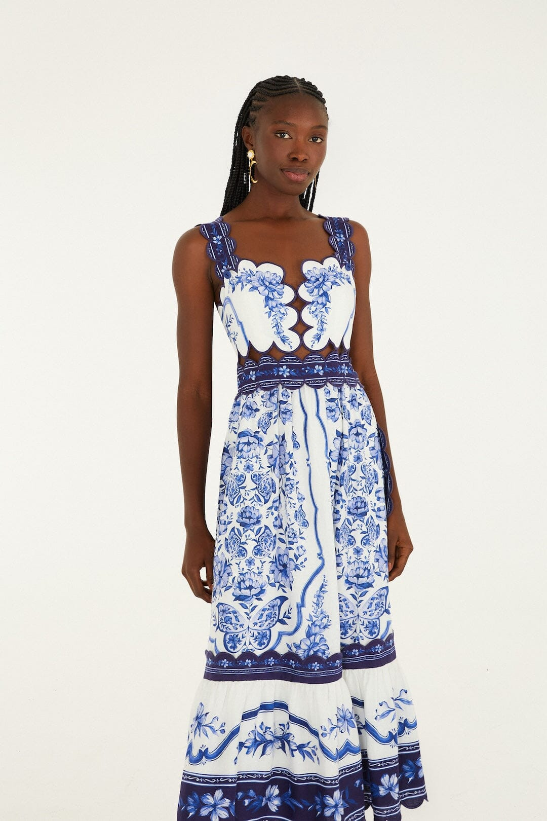 Off-White Porcelain Garden Cut-Out Lenzing Ecovero Euroflax Midi Dress | FARM Rio | FarmRio (US)