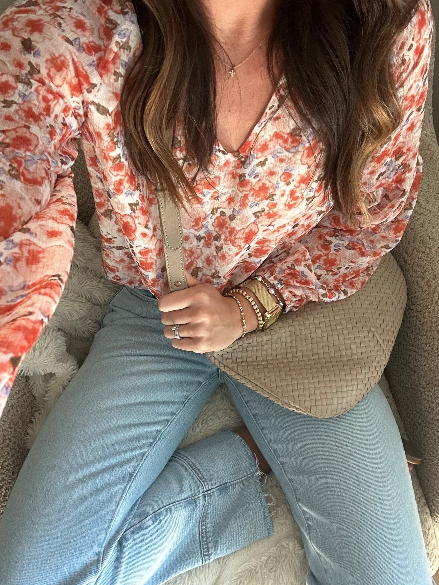 Todays outfit 

Blouse - small in the orange floral 
Jeans - size 26 