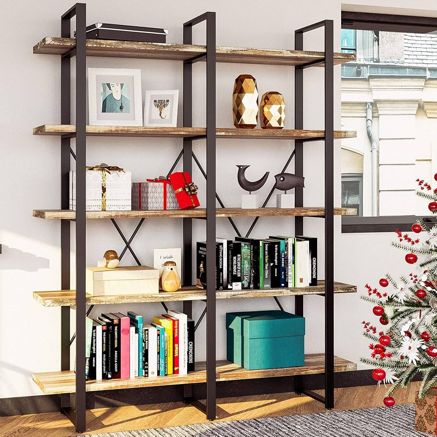 IRONCK Bookshelf, Double Wide 5-Tier Open Bookcase Vintage Industrial Large Shelves, Wood and Met... | Amazon (US)