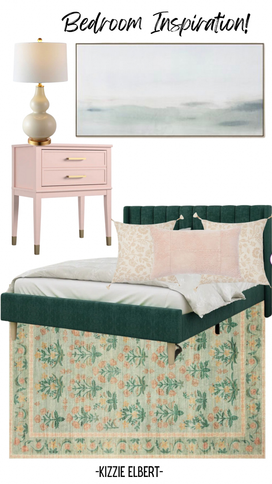 Master bedroom or guest bedroom ideas! Green velvet bed frame, green and light, pink Paisley, area, rug, pink, nightstand, watercolor framed art, light pink throw pillows!