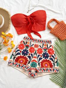 Soleia Conjunto informal de 2 piezas de top tubo corto anudado de unicolor y shorts con estampado... | SHEIN