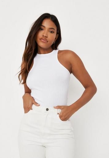 Missguided - White Rib Longline Extreme Racer Tank Top | Missguided (US & CA)