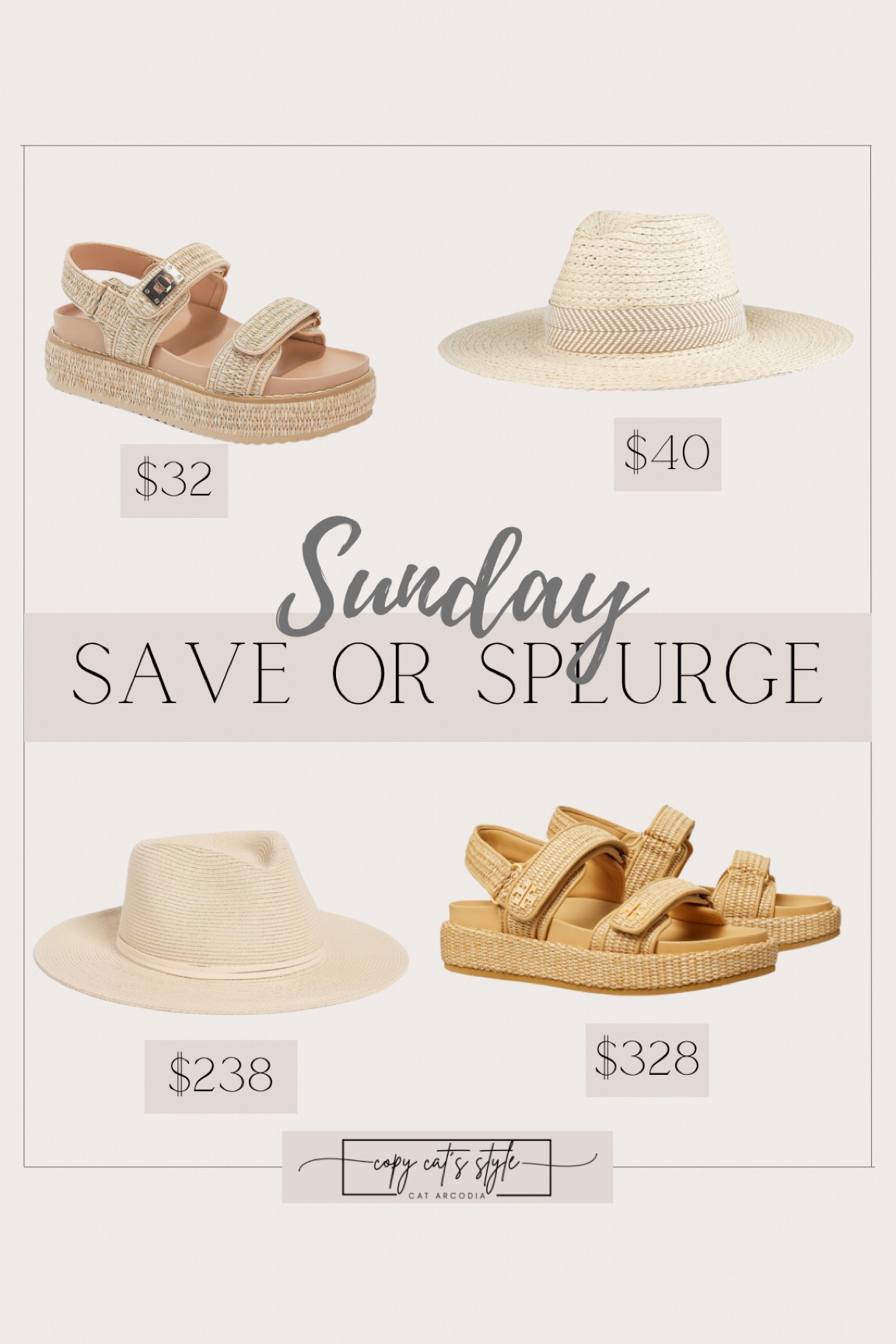 Sunday save or splurge! Looks for less platform double strap Tory Burch sandals. Wide brim straw hats. Amazon platform sandals. 

#LTKFindsUnder50 #LTKStyleTip #LTKShoeCrush