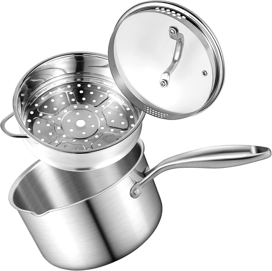 2.5 Quart Stainless Steel Saucepan with Steamer Basket, Tri-ply Full Body, Multipurpose Sauce Pot... | Amazon (US)