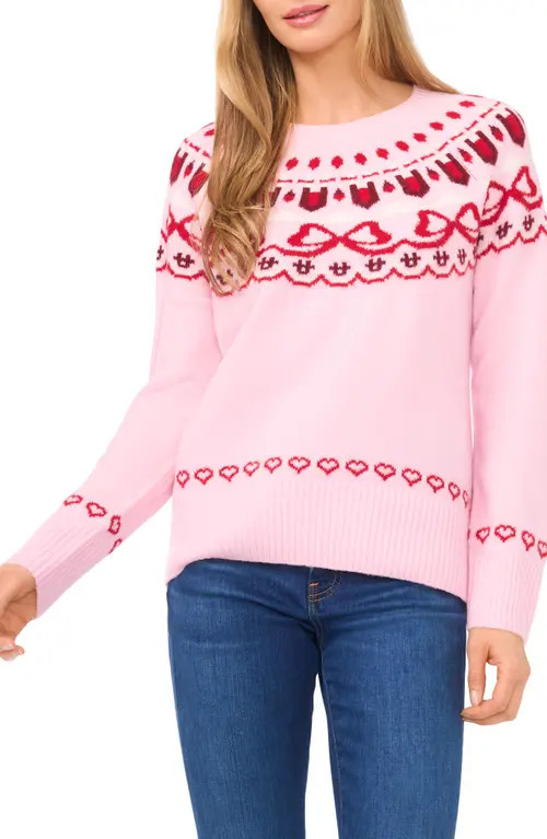CeCe Heart Bow Fair Isle Sweater in Pink Lady at Nordstrom, Size Large | Nordstrom