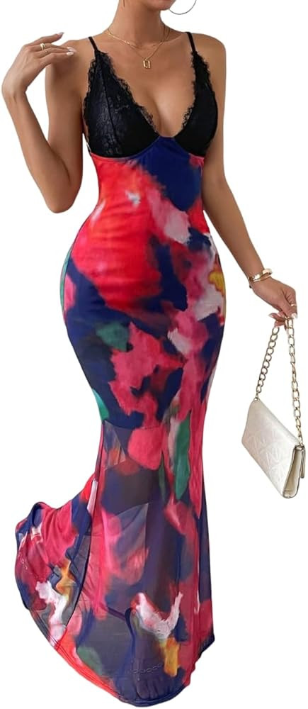 WDIRARA Women's Tie Dye Print V Neck Mesh Lace Tie Back Maxi Dress Backless Slim Fit Cami Dresses | Amazon (US)