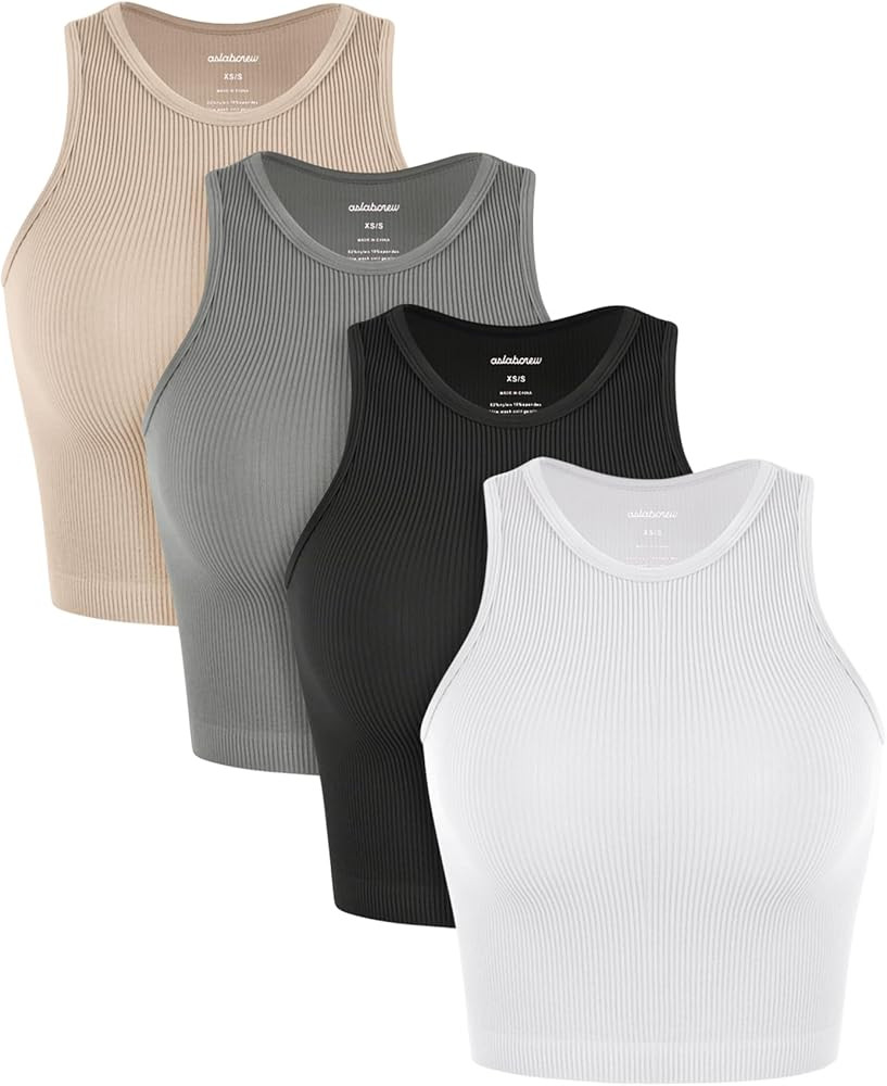 ASLABCREW 4 Piece Seamless Tank Tops for Women High-Neck Rib-Knit Sleeveless Comfy Tanks | Amazon (US)