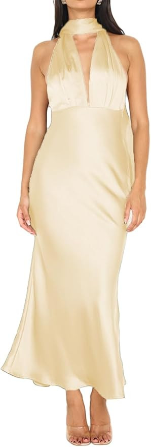 Summer Satin Halter Deep V Neck Backless Maxi Dresses for Women 2024 Silky Sleeveless Open Back W... | Amazon (US)