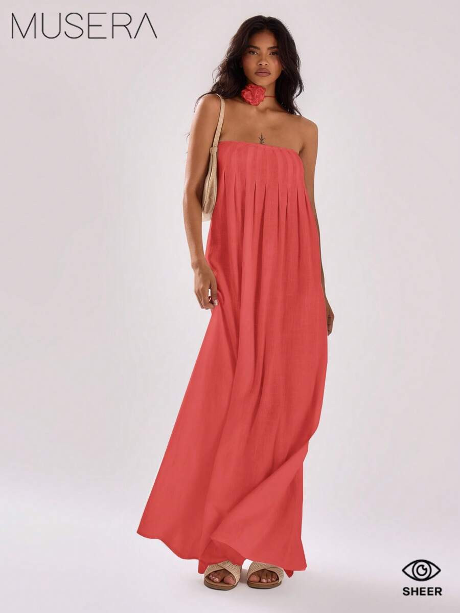 MUSERA Bandeau Loose Fit Pleated Maxi Dress Vacation Summer Wedding Guest, Graduation | SHEIN