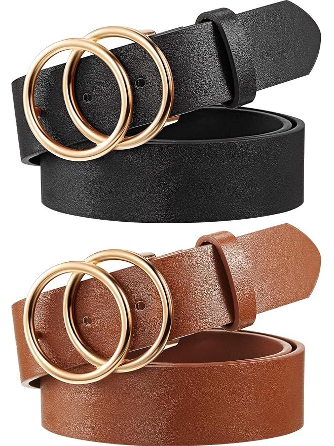 2 Pieces Women Leather Belt Faux Leather Waist Belts with Double O-Ring Buckle | Amazon (US)