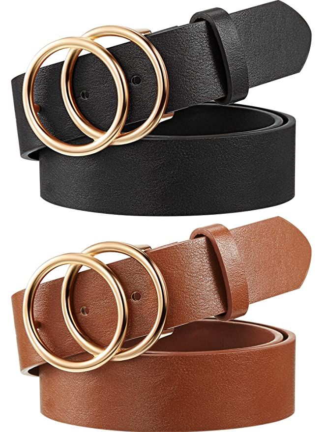 2 Pieces Women Leather Belt Faux Leather Waist Belts with Double O-Ring Buckle | Amazon (US)