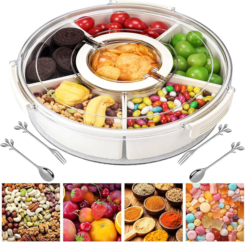 Snackle Box Container Divided Serving Tray with Lid, Handle, Spoon and Fork - Kitchen Portable Sp... | Amazon (US)