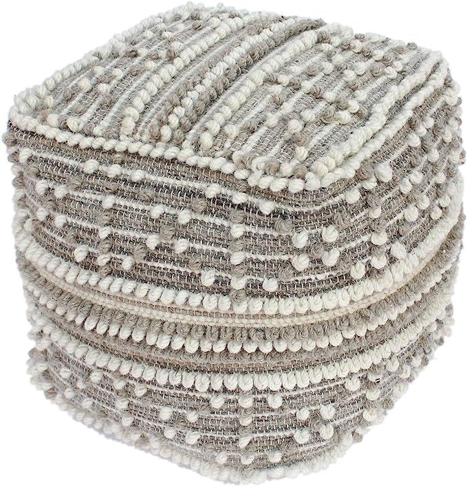 Great Deal Furniture Ishara Boho Cube Wool and Cotton Pouf, White and Beige | Amazon (US)