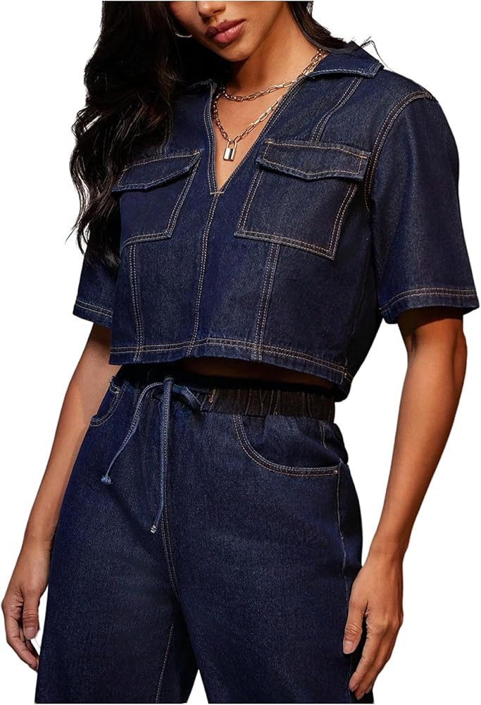 Floerns Women's Collared V Neck Denim Crop Tops Short Sleeve Casual Loose Jean Top | Amazon (US)