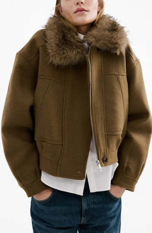 MANGO Blouson Jacket with Faux Fur Collar in Brown at Nordstrom, Size Small | Nordstrom