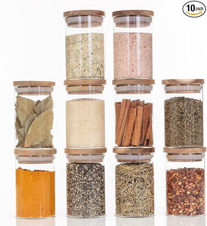 Bloomondo Empty Spice Jars with Label Pack (10x Acacia Bamboo Lid Glass Jar). Small 6oz Spice Sto... | Amazon (US)