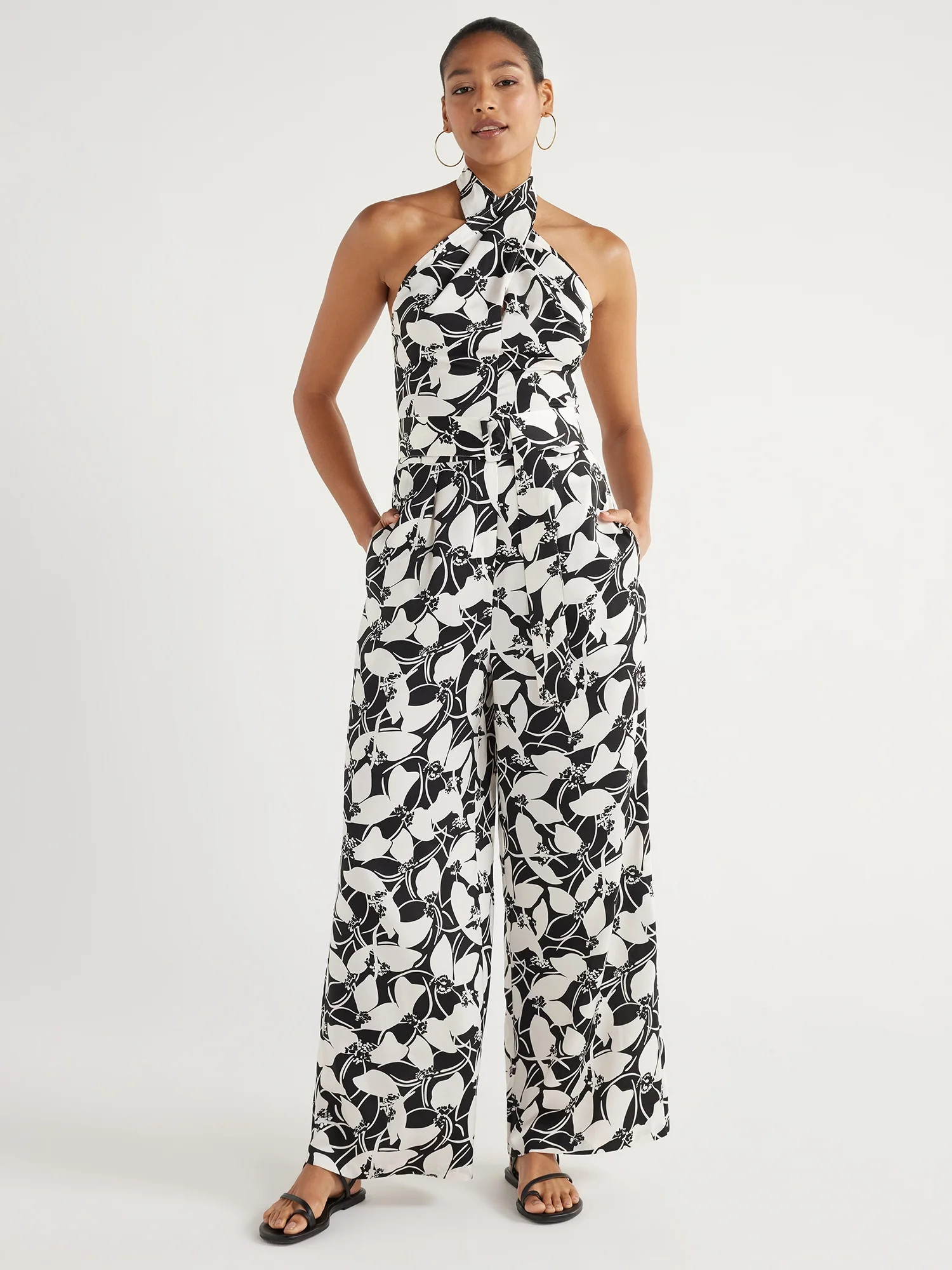 Scoop Women's Wrap Halter Satin Jumpsuit with Wide Leg, 32” Inseam, Sizes XS-XXL | Walmart (US)