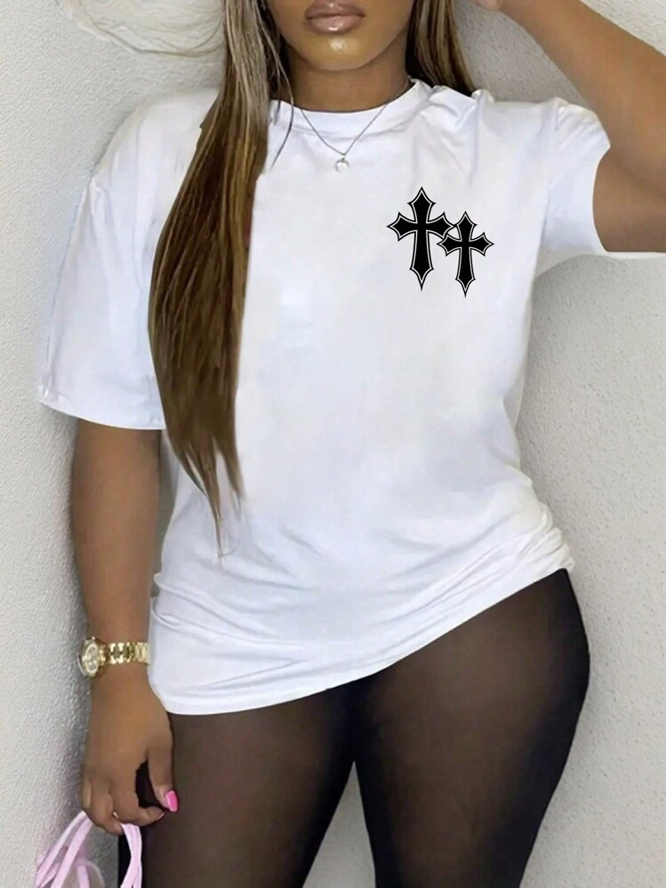 Slaydiva Plus Size Women's Casual Minimalist Cross Graphic Short Sleeve T-Shirt, Summer Suitable For Going Out | SHEIN