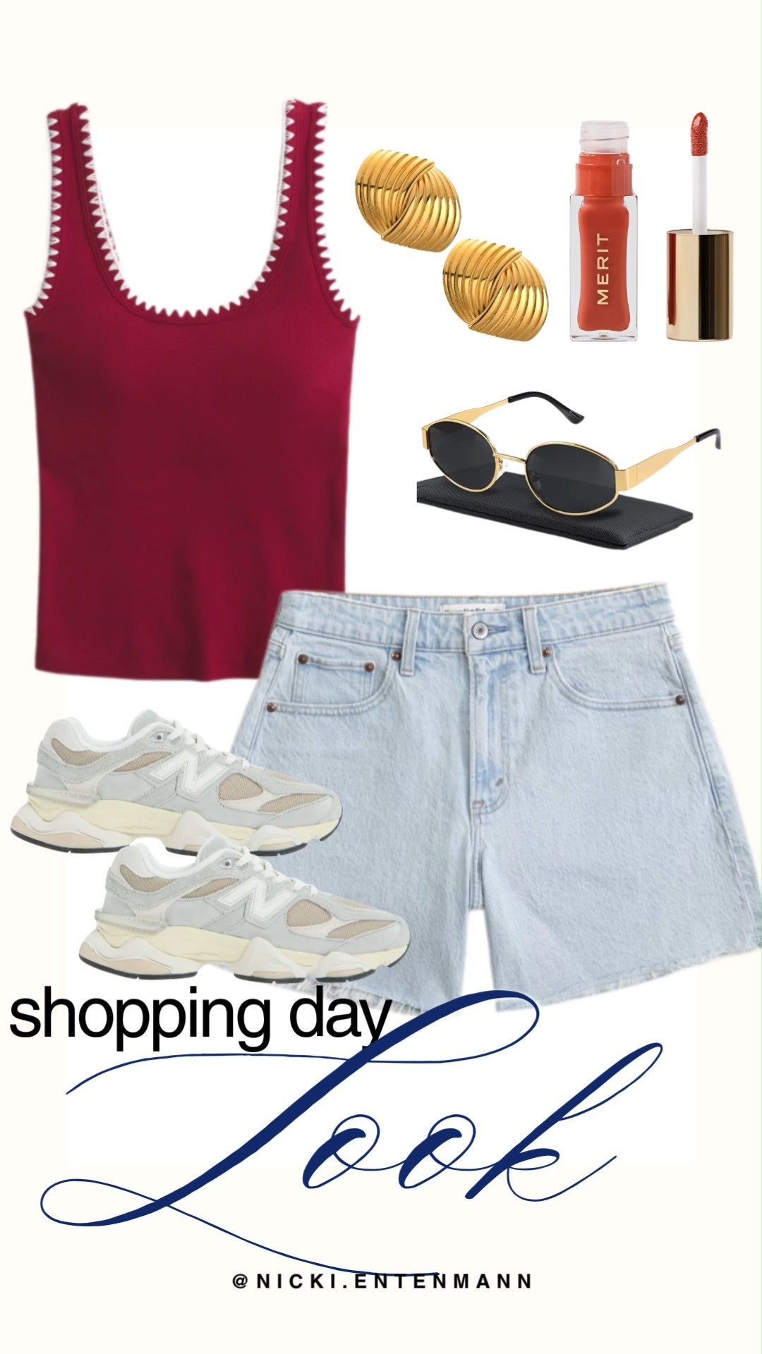Elevate your casual style with this perfect shopping day look featuring a vibrant red scalloped tank and light wash denim shorts. These comfortable New Balance sneakers are ideal for a long day on your feet while staying effortlessly on trend. Complete the outfit with chic gold accessories and a swipe of Merit lip oil for a polished finish. This easy ensemble blends comfort and fashion for the ultimate daytime aesthetic.

#shoppingday #casualoutfit #newbalance #denimshorts #summerstyle #streetwear #meritbeauty #ootdinspo #dailyoutfit #springfashion 

 #LTKootd #LTKmomlife #LTKTravel