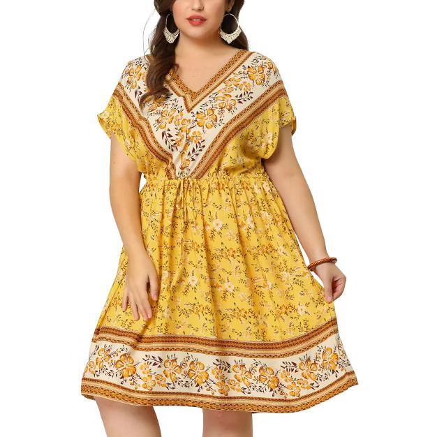 Agnes Orinda Women's Plus Dress Boho Placed Pattern V Neck Drop Shoulder Drawstring Waist Dresses | Target