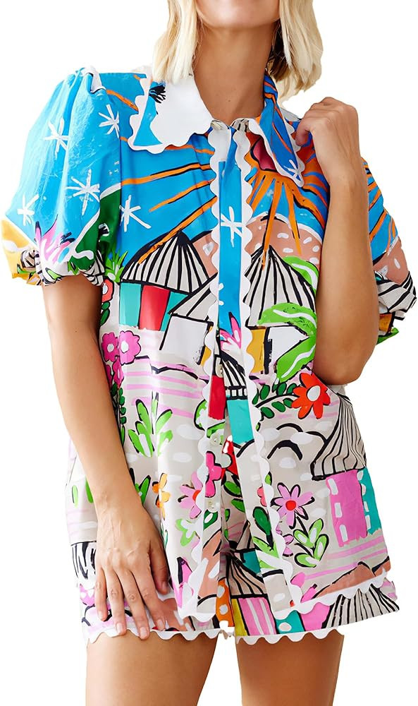 Women’s Linen Matching Suits Printed Shorts Sleeve Shirts and Shorts 2 Pieces Outfits | Amazon (US)