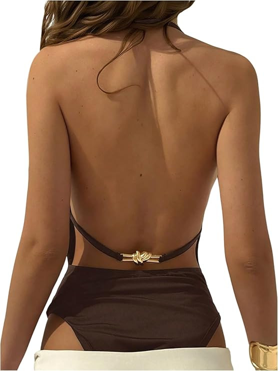 SweatyRocks Women's Backless Skinny Halter Bodysuit Sleeveless Deep V Neck Leotard Top | Amazon (US)