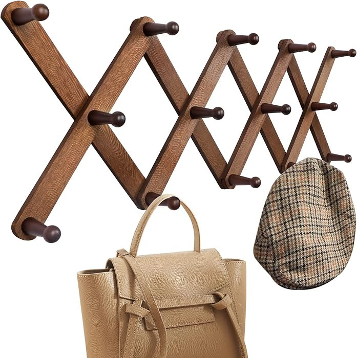 OROPY Accordion Wall Hanger with 14 Pegs, Expandable Wooden Coat & Hat Rack     Walnut Color, Hat... | Amazon (US)