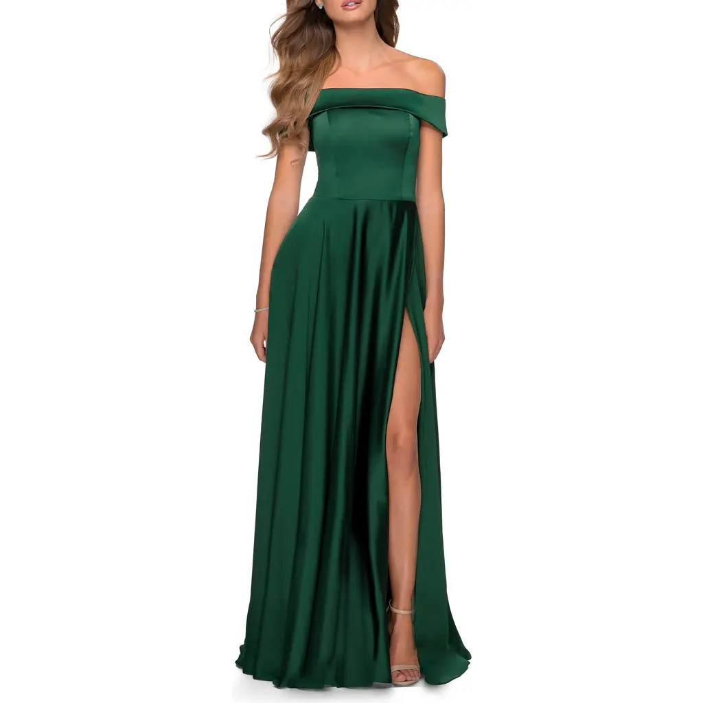 La Femme Satin Off the Shoulder Evening Dress with Pockets in Emerald at Nordstrom, Size 2 | Nordstrom